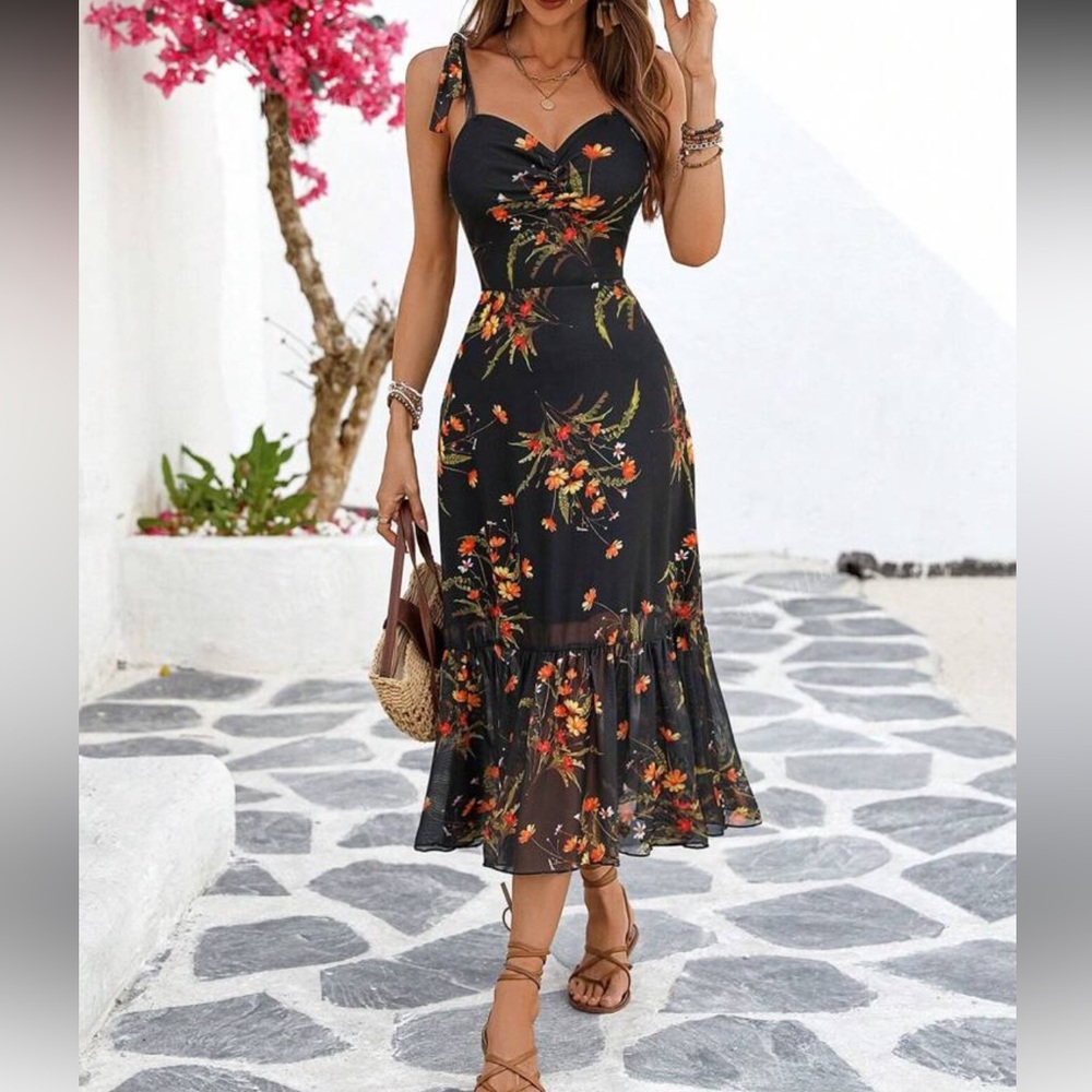 SHEIN Black Floral Midi Dress